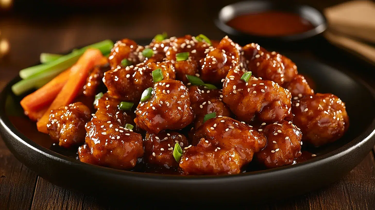 Spicy honey chicken garnished with sesame seeds and green onions