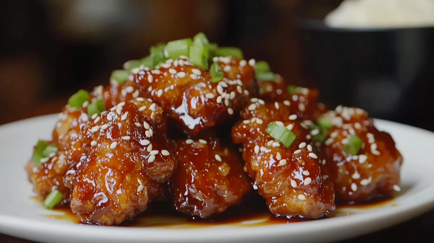 A plate of crispy honey chicken garnished with sesame seeds and green onions.