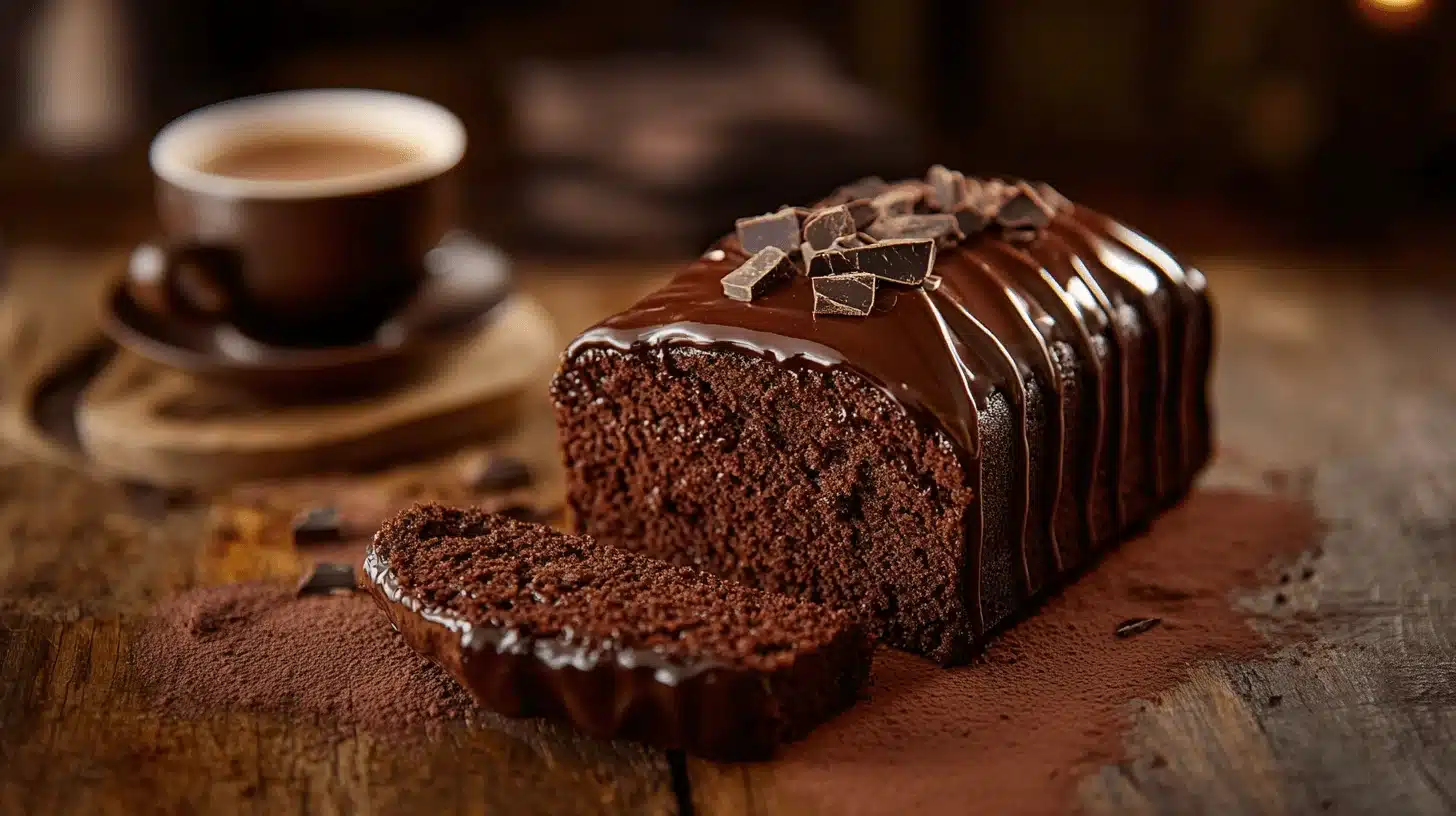 Chocolate Cream Cheese Pound Cake – moist, rich, and freshly baked with a glossy chocolate glaze.