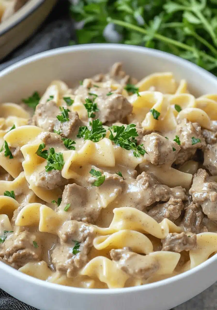 A bowl of beef stroganoff with a creamy sauce over egg noodles, garnished with parsley.