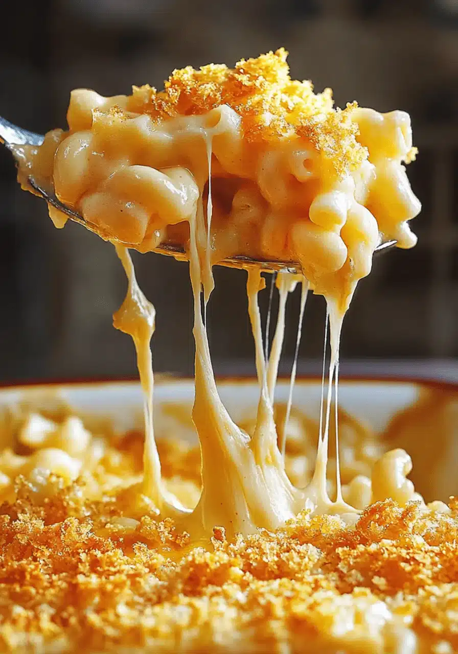 Spoonful of baked Homemade mac and cheese with golden breadcrumb topping and gooey melted cheese pull