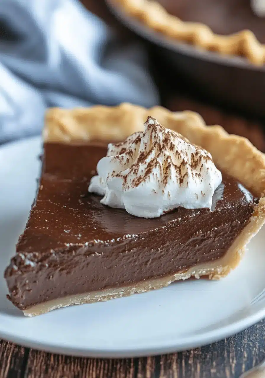 A slice of rich chocolate cream pie topped with whipped cream and dusted with cocoa powder, served on a white plate.