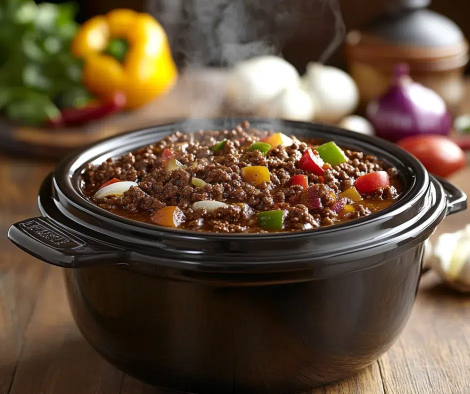 A slow cooker on a rustic kitchen countertop filled with a hearty ground beef dish, surrounded by fresh ingredients like onions, garlic, bell peppers, and spices. Steam rises from the slow cooker, creating a warm and inviting atmosphere