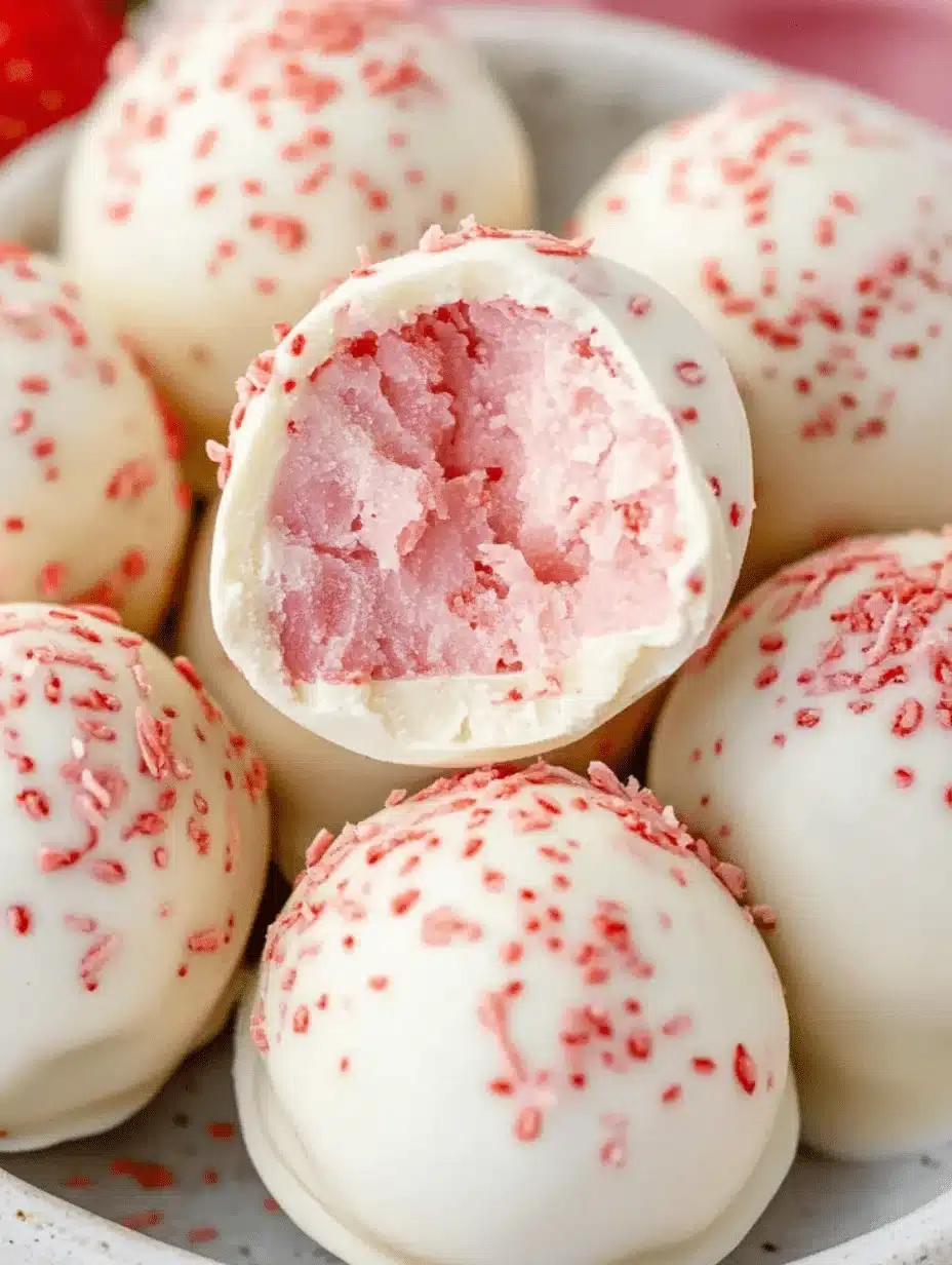A close-up of white chocolate strawberry truffles, with one truffle cut in half revealing a creamy pink strawberry filling, garnished with crushed freeze-dried strawberries.