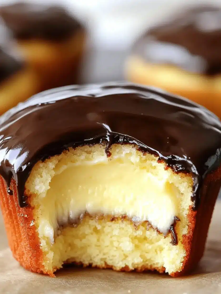 Boston Cream Pie Cupcake with a bite taken out, showing a creamy custard filling inside a soft yellow cake base, topped with glossy chocolate ganache.