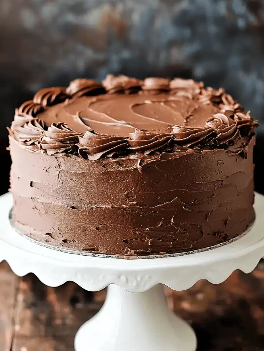 Chocolate Cake Recipe on a white scalloped cake stand.