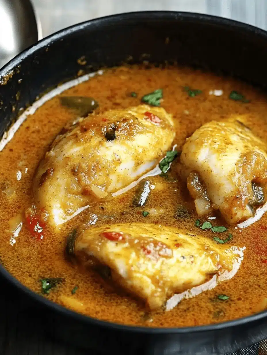 A close-up of Fish Gravy Recipe in a black pan, featuring tender fish fillets cooked in a rich, golden-hued spiced coconut curry sauce with visible herbs and red chili flecks.