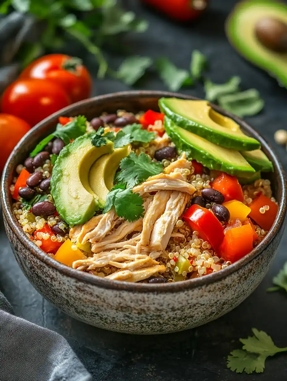 High protein crock pot recipes featuring shredded chicken with quinoa.