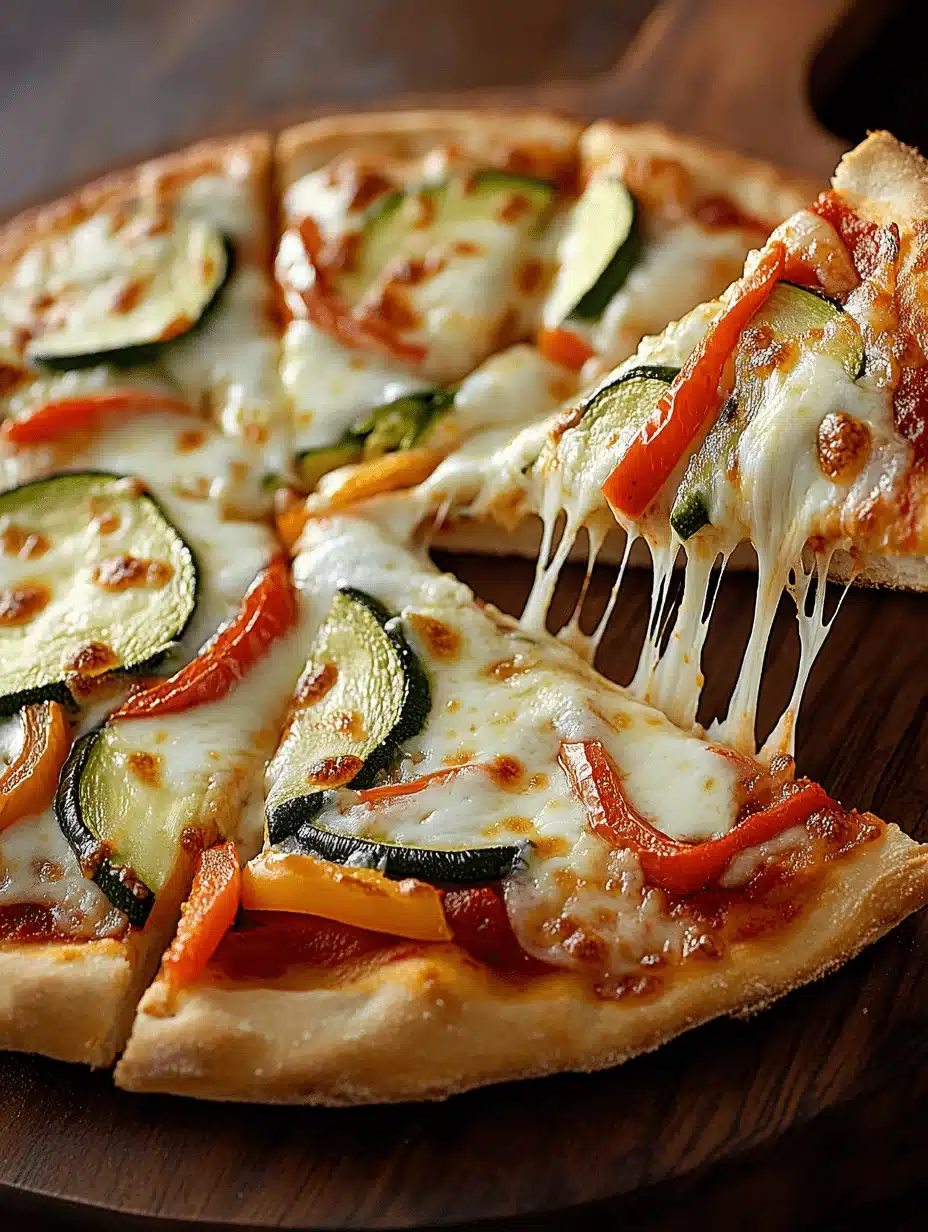 A freshly baked vegetable pizza with golden crust, melted mozzarella, zucchini, red bell peppers, and onions. A slice is being lifted, showing stretchy cheese.