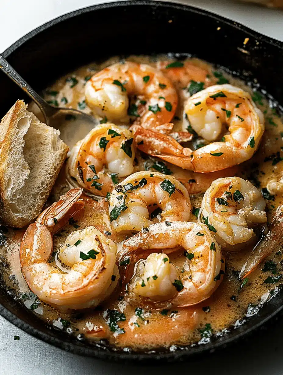 Shrimp in a creamy garlic butter sauce, garnished with parsley, served in a cast-iron skillet with toasted bread.
