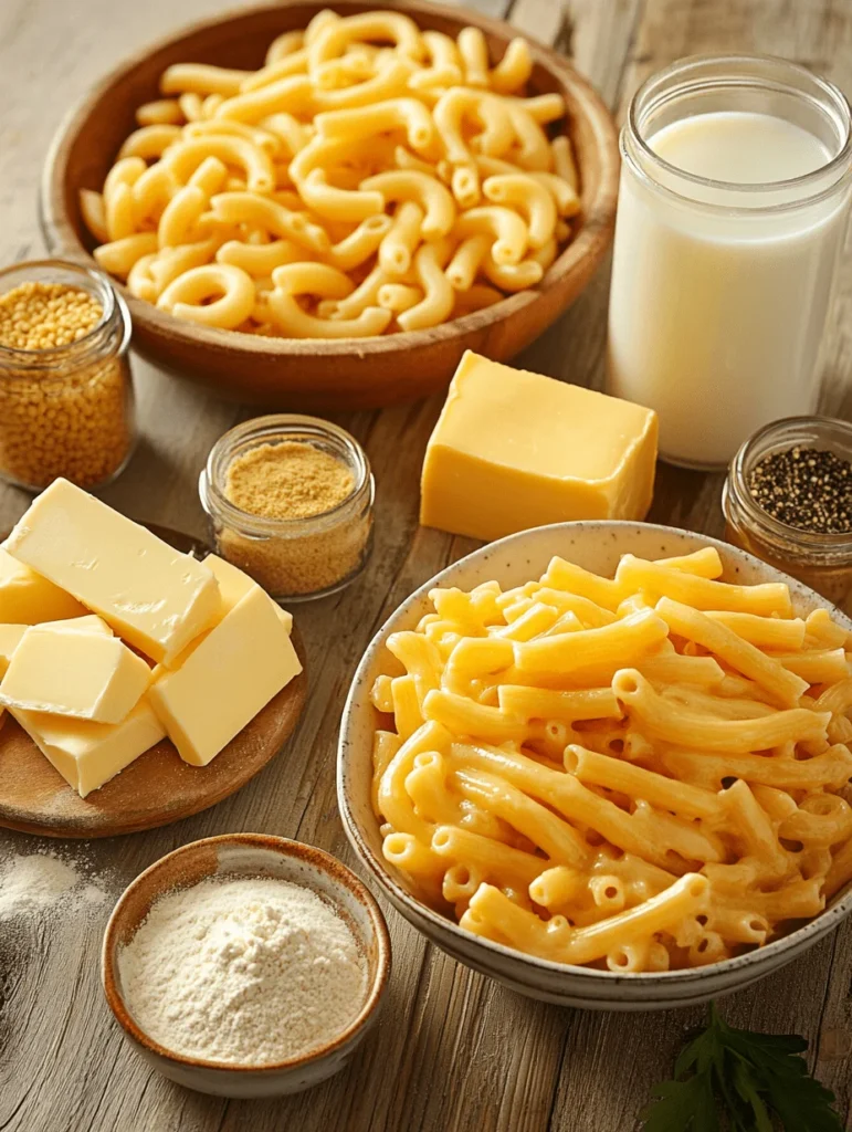 Ingredients for Homemade mac & cheese, including elbow macaroni, cheddar cheese, butter, milk, flour, and seasonings, arranged on a rustic wooden surface.
