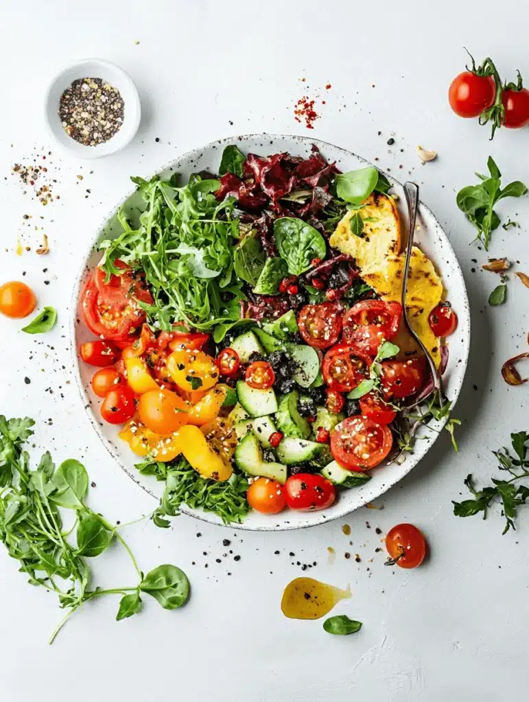 A colorful lunch plate with grilled chicken, salad, roasted veggies, and rice served on a white ceramic dish.