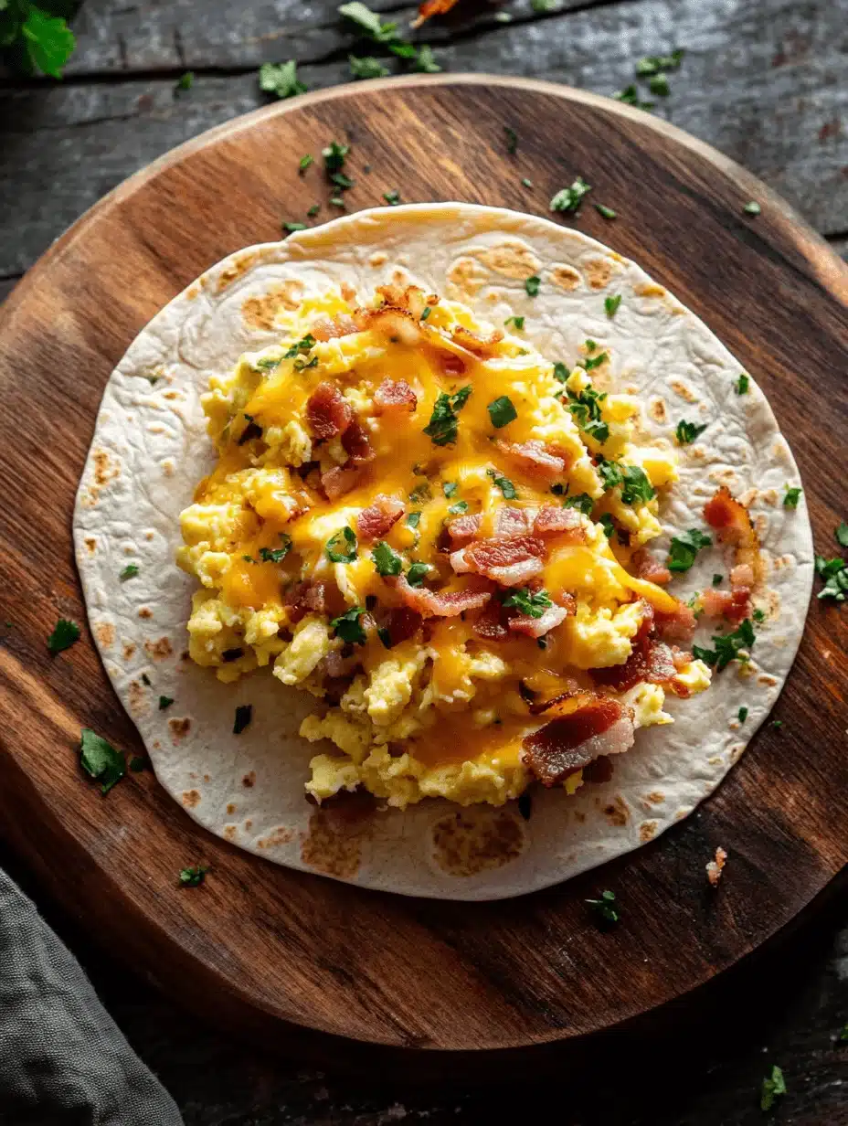 Open 3-ingredient breakfast wrap showing eggs, cheese