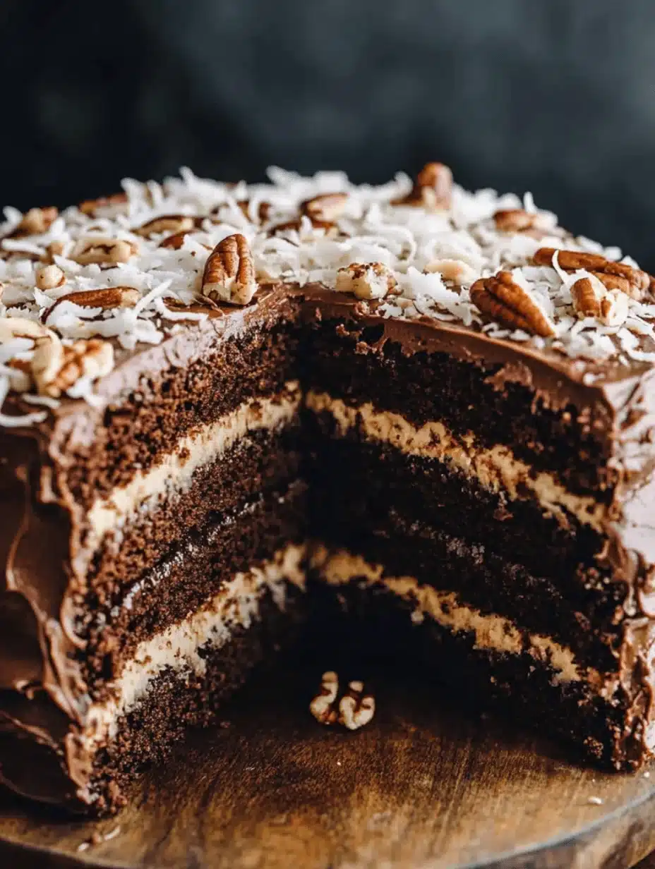 A rich, layered German chocolate cake with thick chocolate sponge and coconut-pecan frosting, sliced to reveal moist layers – best German chocolate cake recipe.
