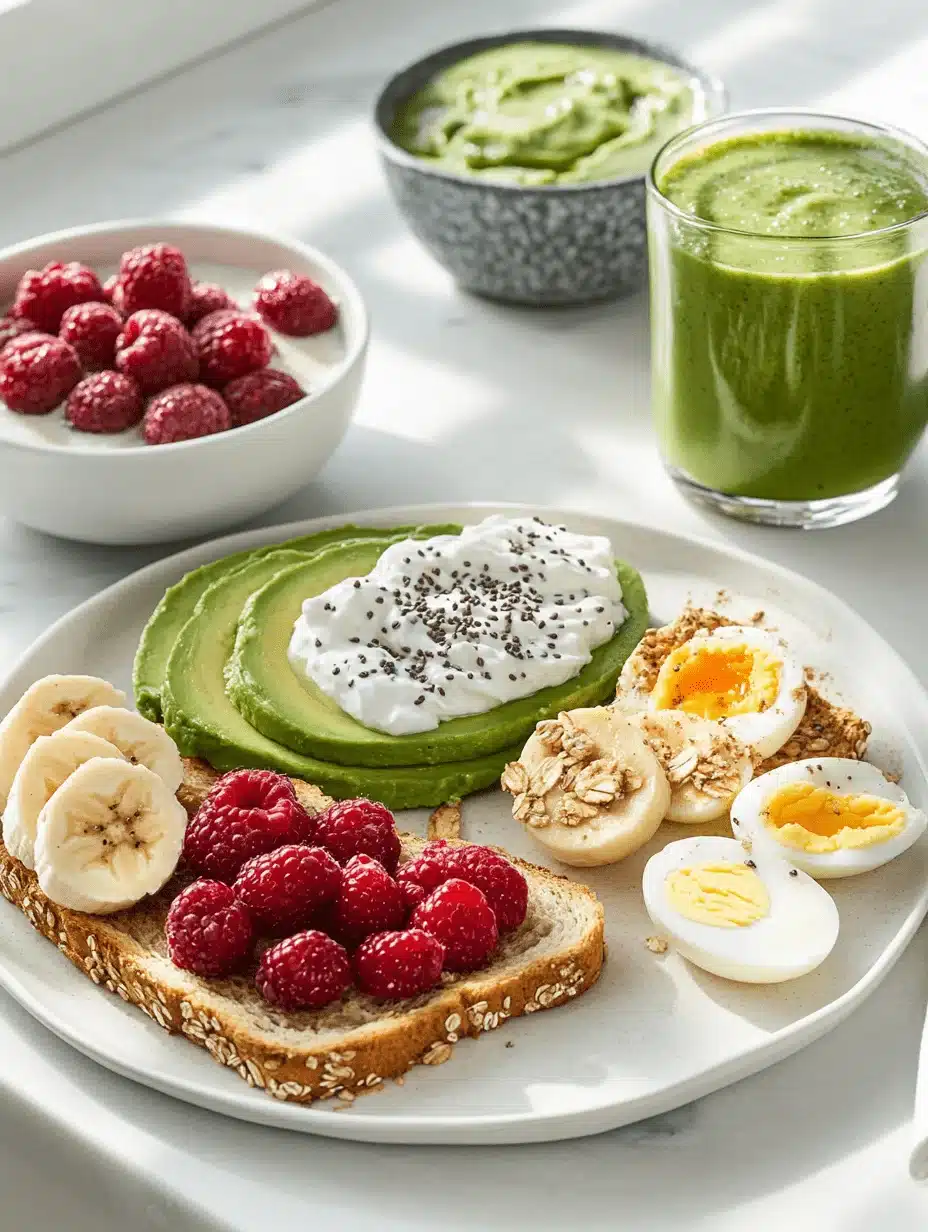 Flat-lay photo of a colorful morning spread featuring five quick and healthy breakfast recipes including avocado toast, yogurt parfait, smoothie, and more.