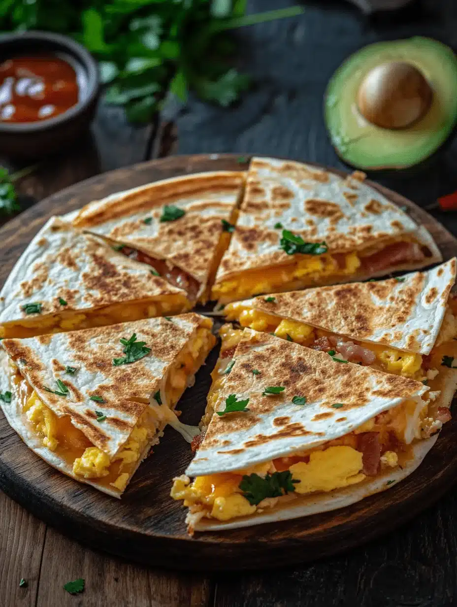 Close-up of a golden TikTok-style breakfast quesadillafilled with fluffy scrambled eggs, melted cheese, and crispy bacon, sliced and stacked with a visible cheese pull.