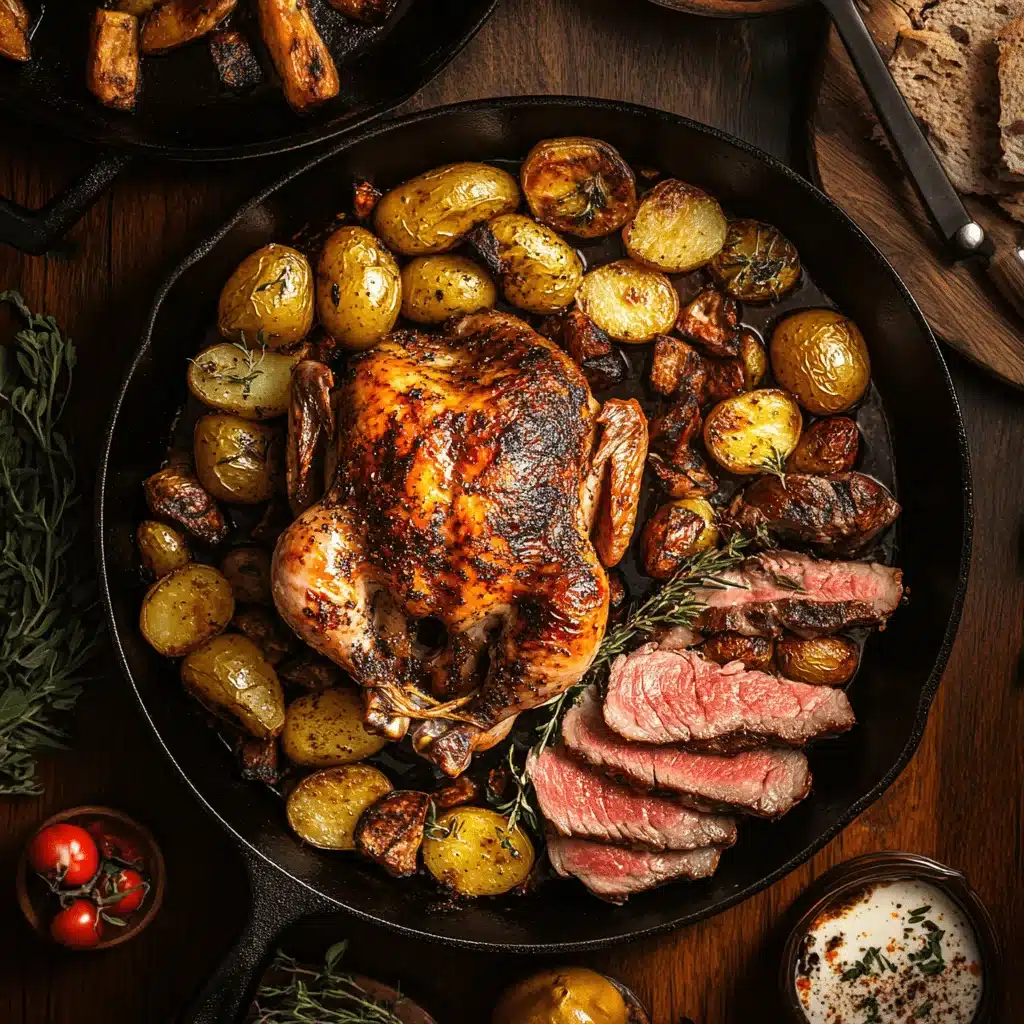 Juicy roast chicken and grilled steak on a rustic table with fresh herbs