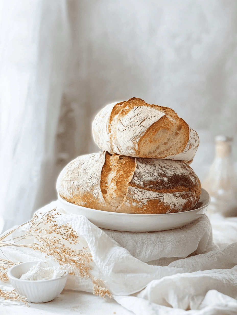 Freshly baked golden brown bread loaves on a wooden cutting board, surrounded by flour and a linen cloth.
