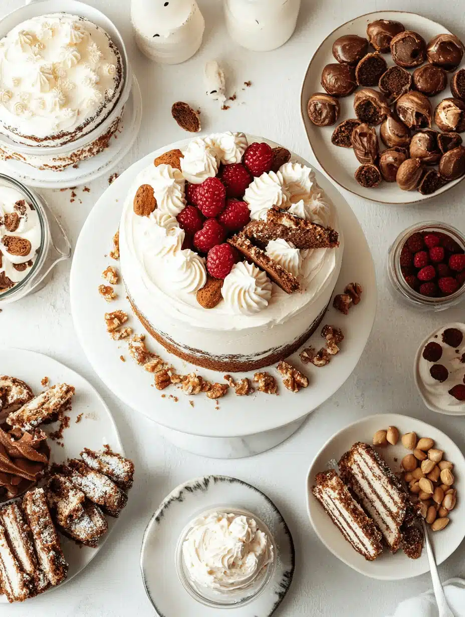 Assorted layer cakes topped with whipped cream, raspberries, nuts, and cookies on a styled dessert table.