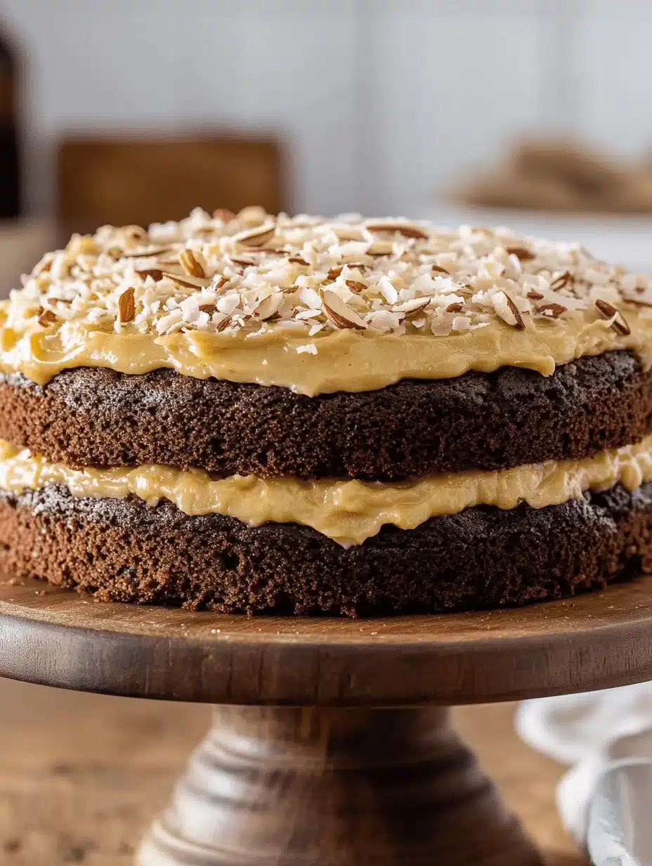 easy German chocolate cake recipe with rich coconut-almond frosting on top