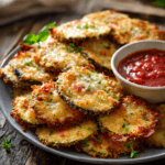 Crispy Baked Parmesan Zucchini slices served hot on a plate with marinara