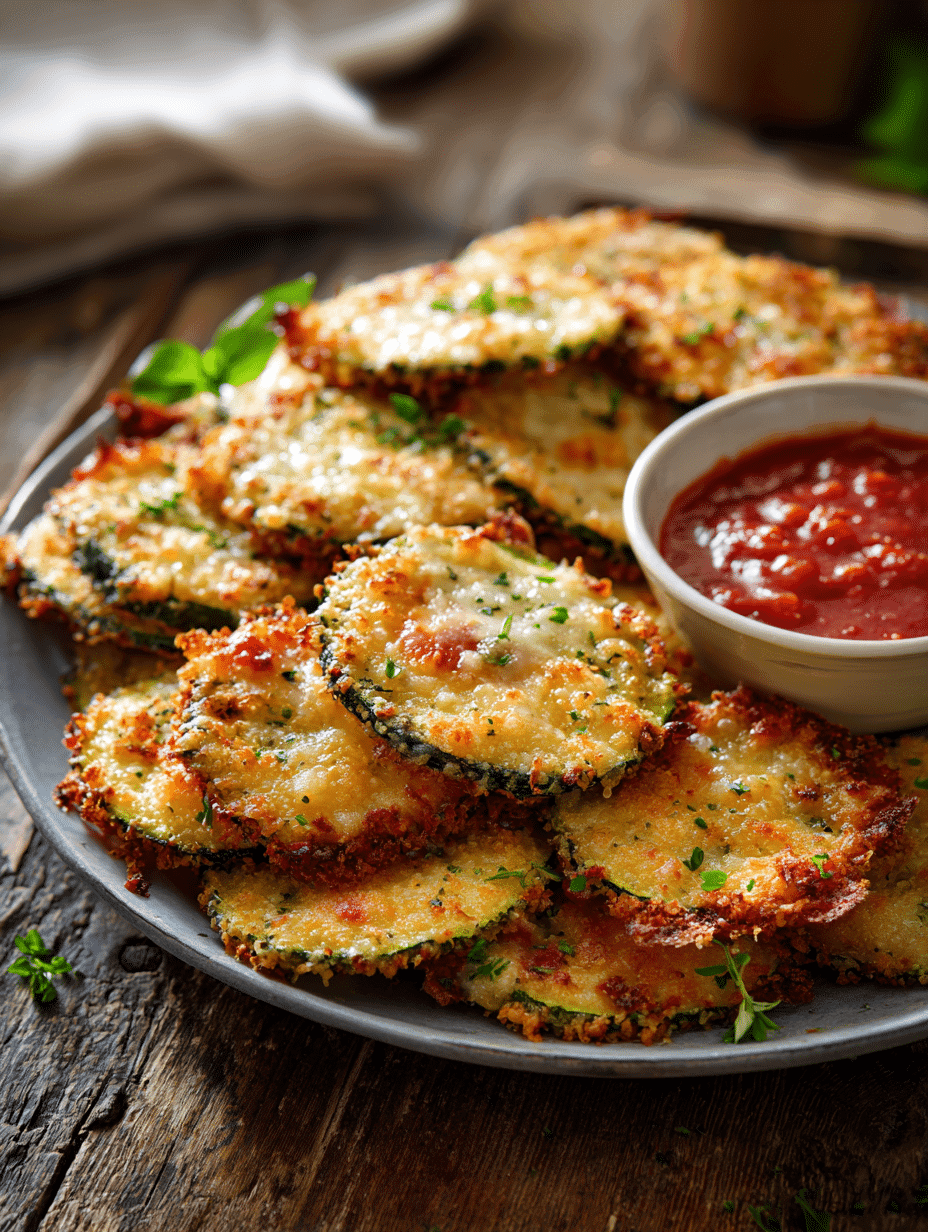 Crispy Baked Parmesan Zucchini slices served hot on a plate with marinara