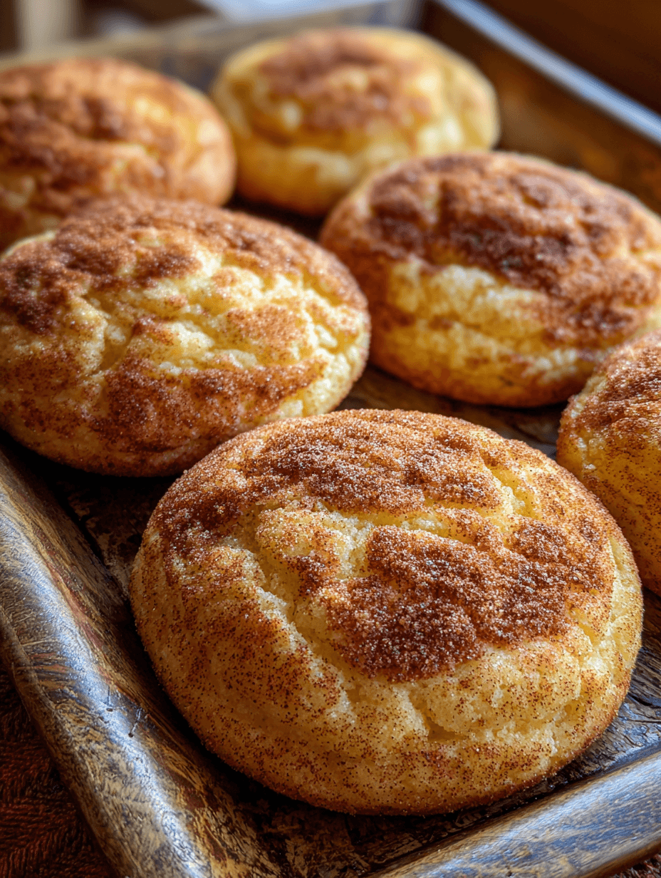 Freshly baked Cheesecake Stuffed Snickerdoodles on rustic tray