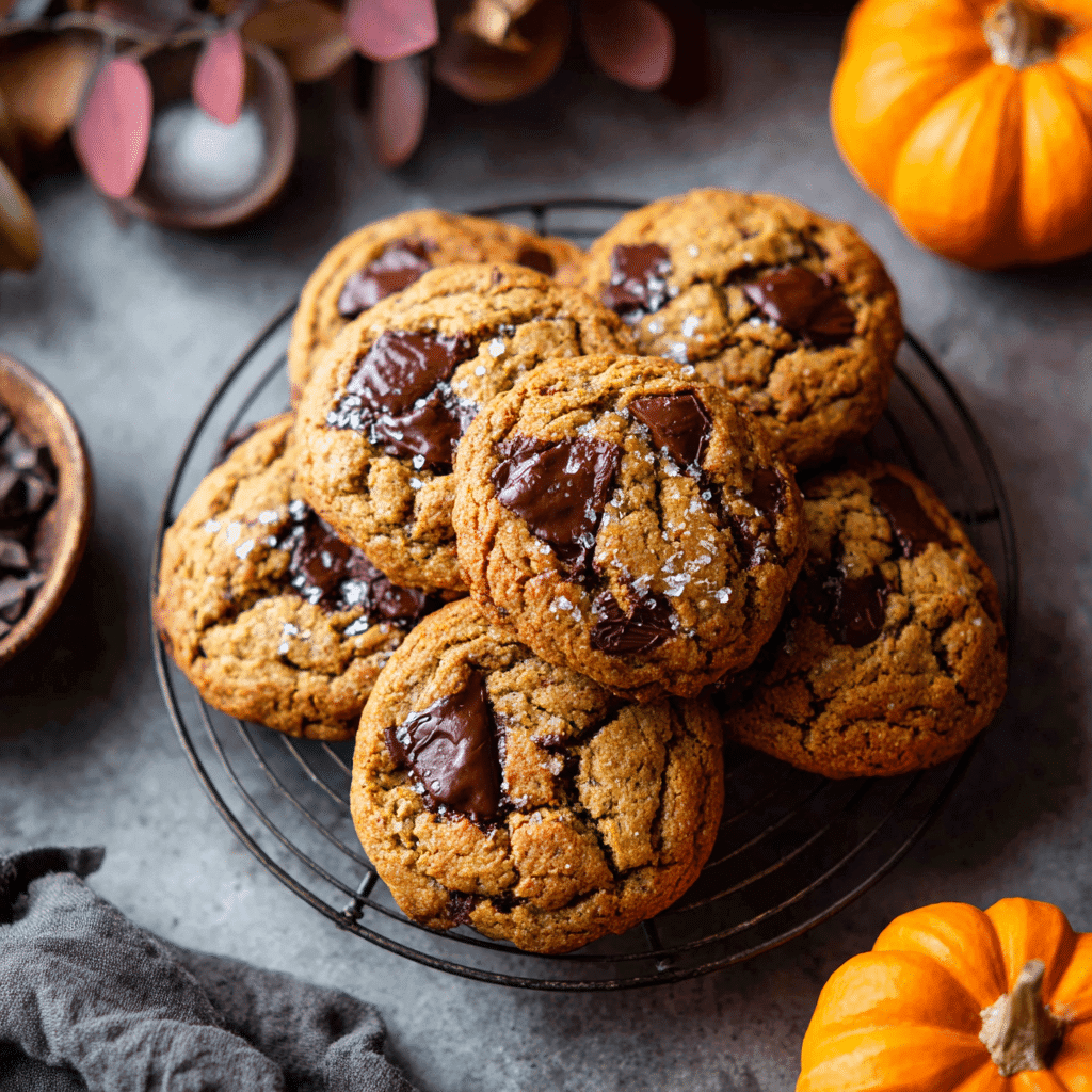 Freshly baked brown butter pumpkin chocolate chip cookies on a rustic fall table with pumpkin and butter ingredients
