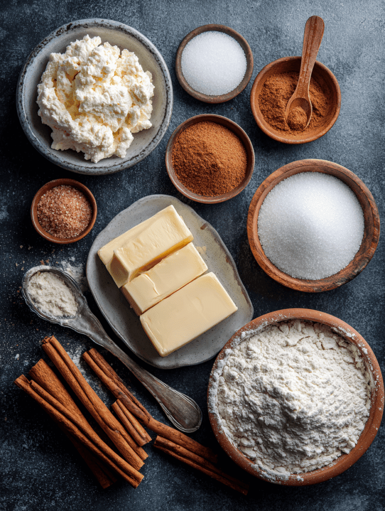 Cheesecake Stuffed Snickerdoodles ingredients flat lay