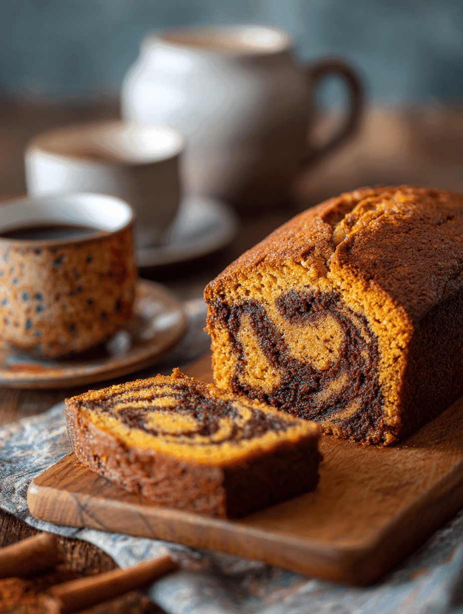 Mini Pumpkin Bread with Cinnamon Swirl on rustic tray