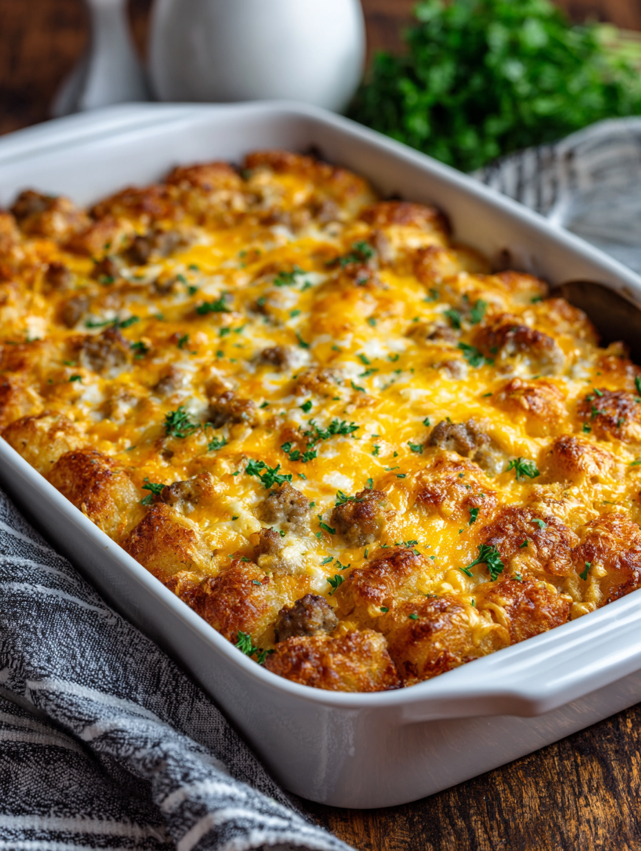 Tater Tot Sausage Breakfast Casserole fresh out of oven