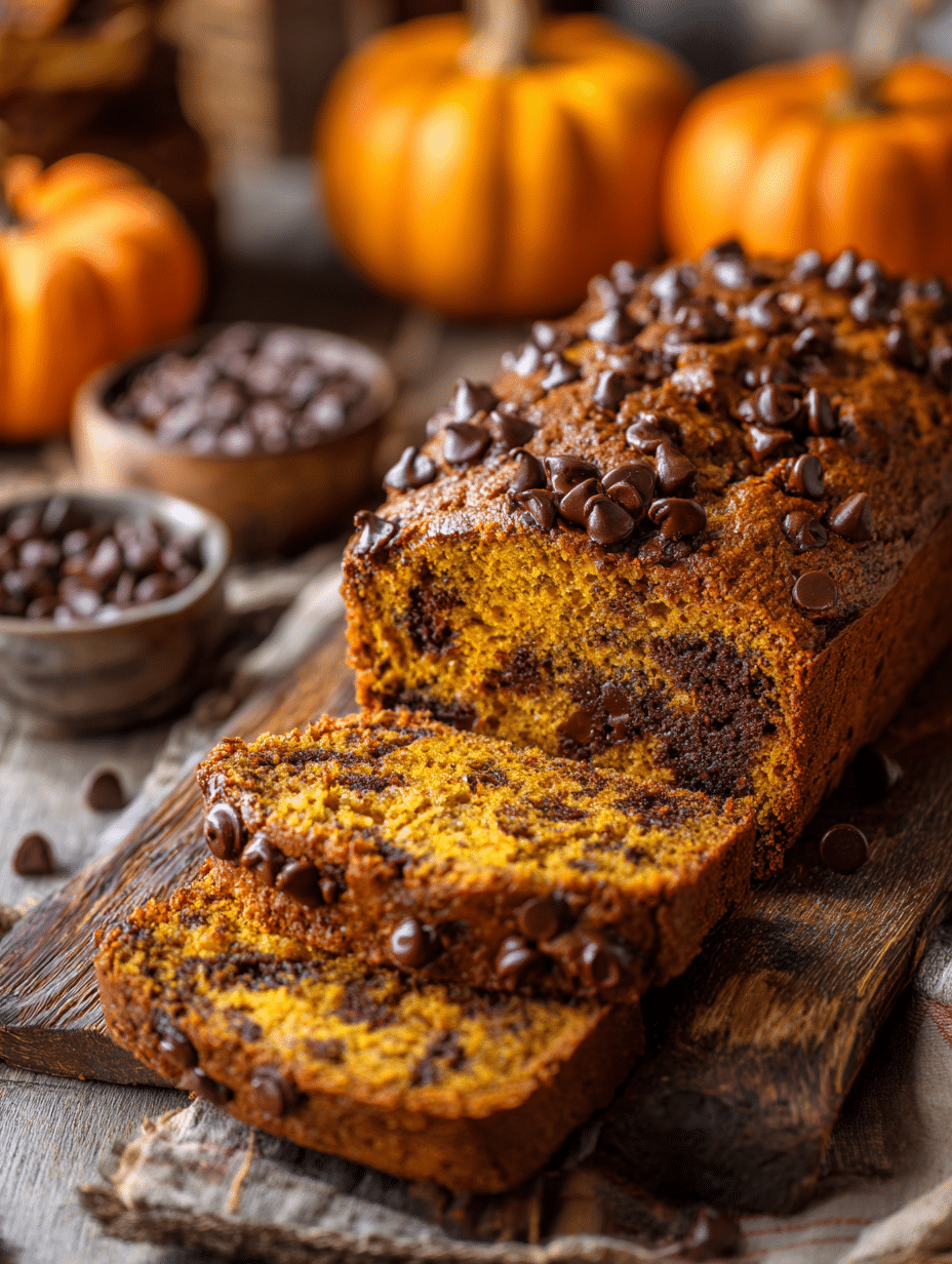 Moist Chocolate Chip Pumpkin Bread sliced on a fall-themed table