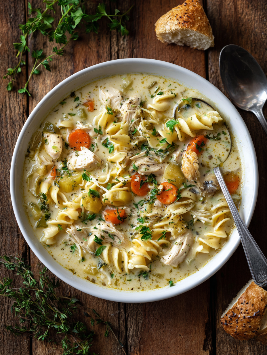 Easy creamy chicken noodle soup in a bowl with fresh herbs