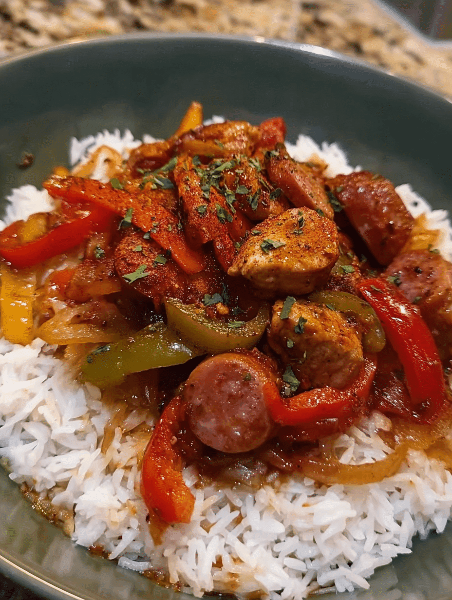 Chicken & sausage with peppers over rice
