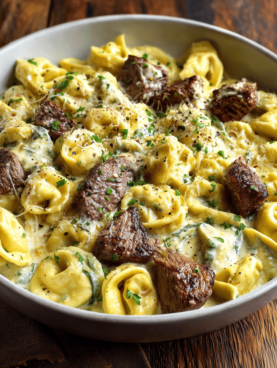 One Pan Creamy Garlic Butter Tortellini and Steak