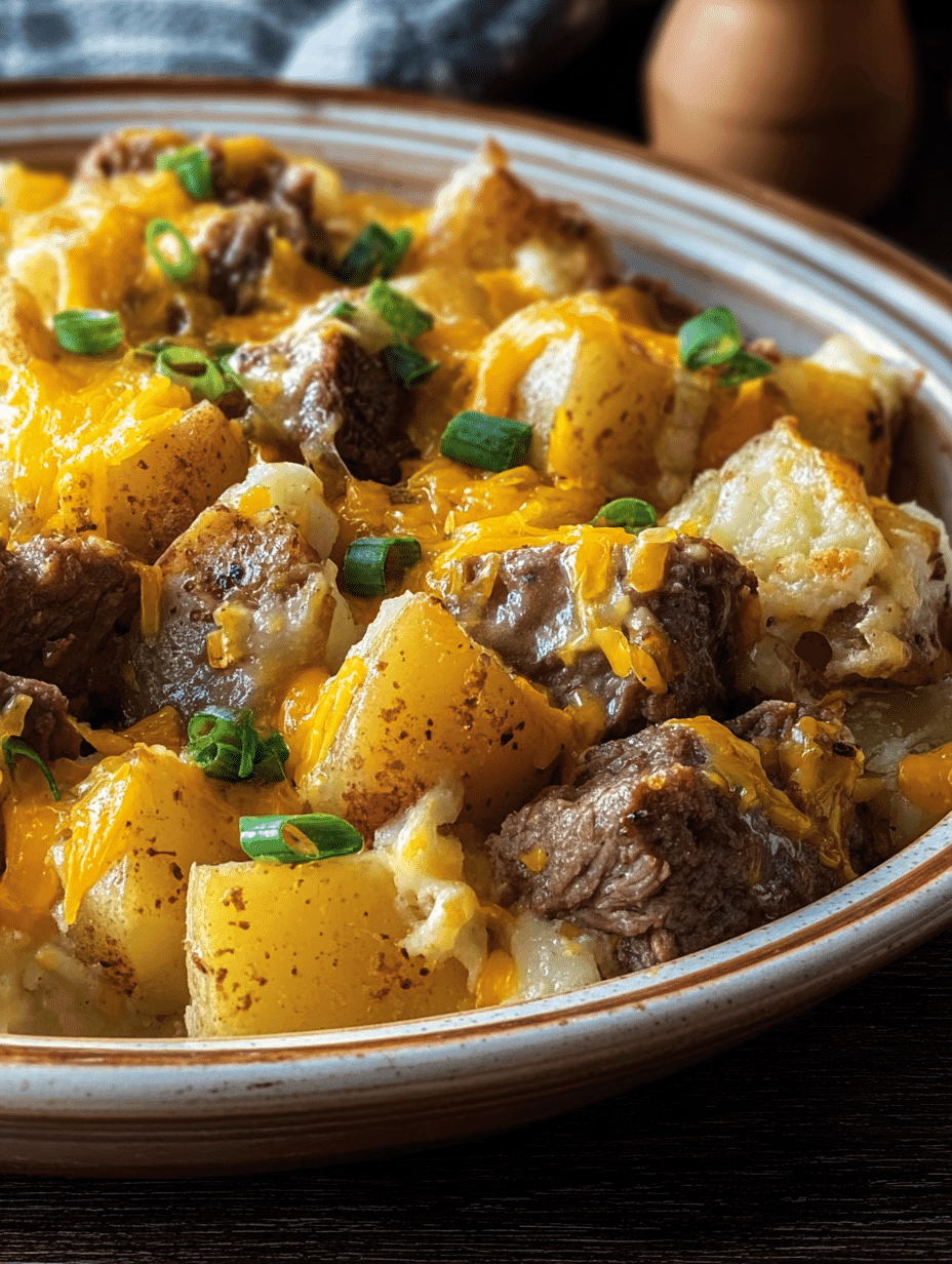 Slow Cooker Steak and Cheddar Potato Casserole | Easy Comfort Dinner
