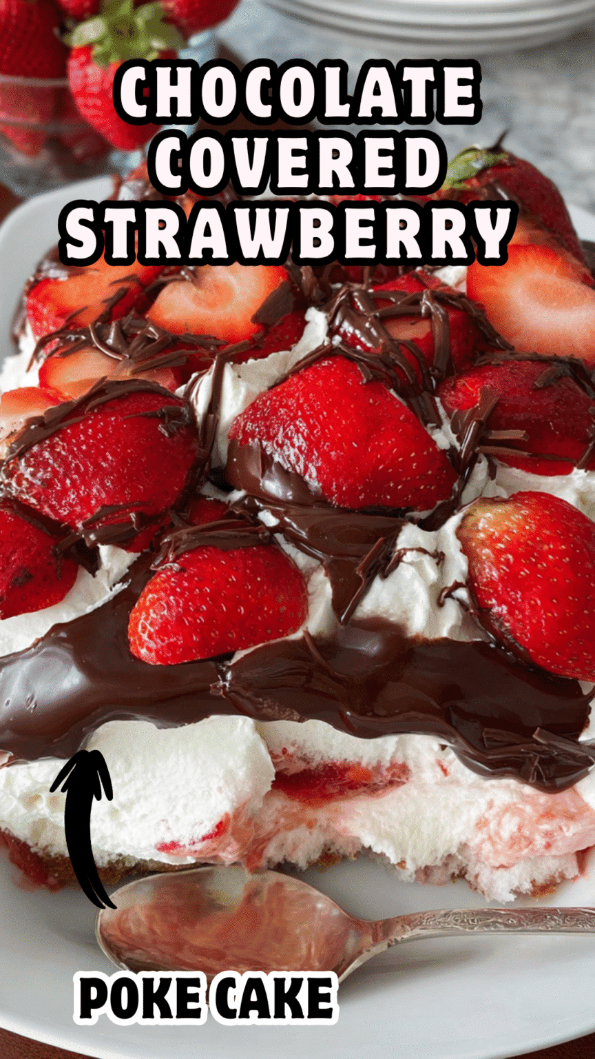 Chocolate Covered Strawberry Poke Cake
